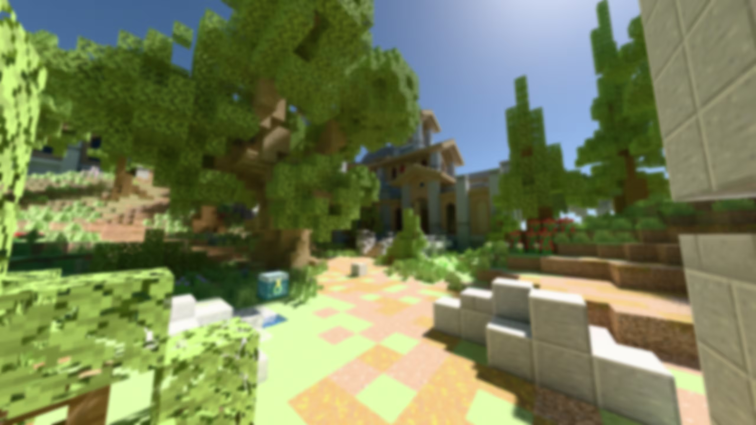Cinematic Minecraft landscape with majestic floating islands, sunset lighting, and volumetric atmosphere with deep depth of field