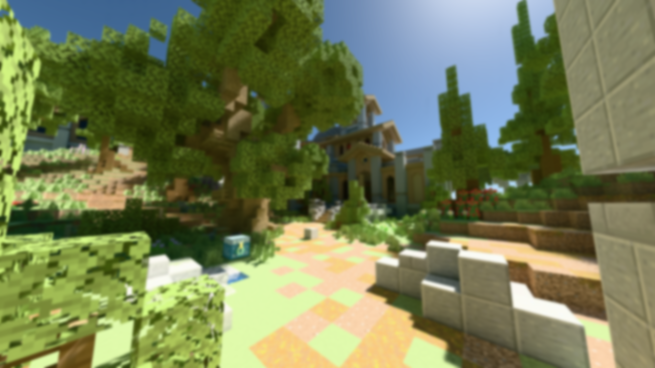 Cinematic Minecraft landscape with majestic floating islands, sunset lighting, and volumetric atmosphere with deep depth of field